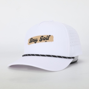 Gorro unisex de cuerda de 5 paneles con ala curva, gorra de béisbol perforada con corte láser personalizado, estilo deportivo de poliéster con logotipo impreso - Product Image 1