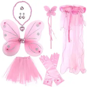 Princess Crown Cosplay Costume Veil Wreath Hair Accessories Girls Short Skirt Butterfly Wings Fairy Stick Party Dress Up Set