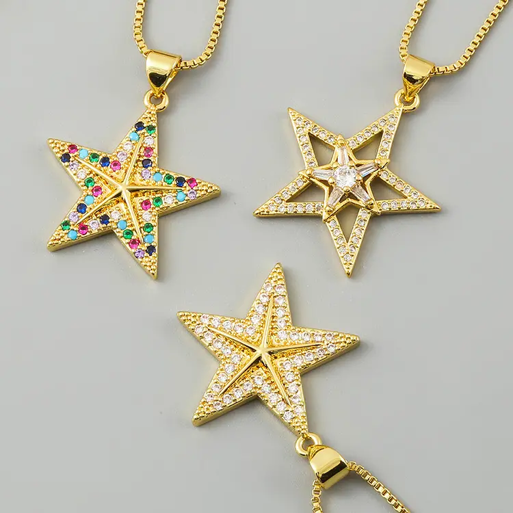 Wholesale Fashion Jewelry Joyas Acero Por Mayor Colorful Shiny Zircon Gold Pentagram Starfish Pendant Necklace m.alibaba.com