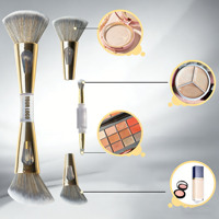 Pinceau de maquillage de luxe double face 4-en-1 avec logo personnalisé, manche doré, poils doux véganes, pour fond de teint et blush