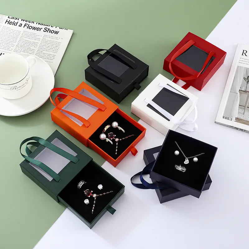Caja de joyería con mango para cajón de papel, caja de exhibición de lujo transparente, deslizante, personalizado, negro