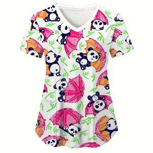 Women's Blue Tooth Pattern V-Neck <b>Scrub</b> Top Short Sleeve With Pockets Hospital <b>Uniforms</b> <b>Scrub</b> Tops Fashion - Product Image 3