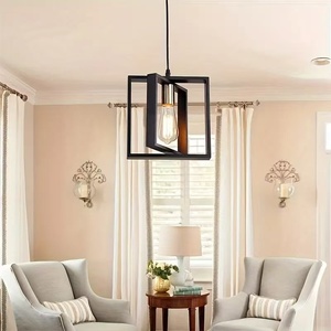 Lustre industriel américain rétro <span class=keywords><strong>noir</strong></span> carré en fer ovale suspendu en <span class=keywords><strong>bois</strong></span> pour salon restaurant salle à manger milieu - Product Image 2