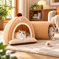 Lit tunnel convertible pour chat, maison-caverne en peluche douce, tente pliable avec coussin, mobilier d'intérieur pour animaux de compagnie