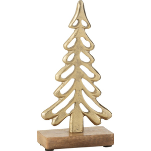 Sculpture d'arbre de Noël moderne en métal doré sur base en bois naturel, décoration de table élégante, ornement festif en aluminium texturé - Product Image 1