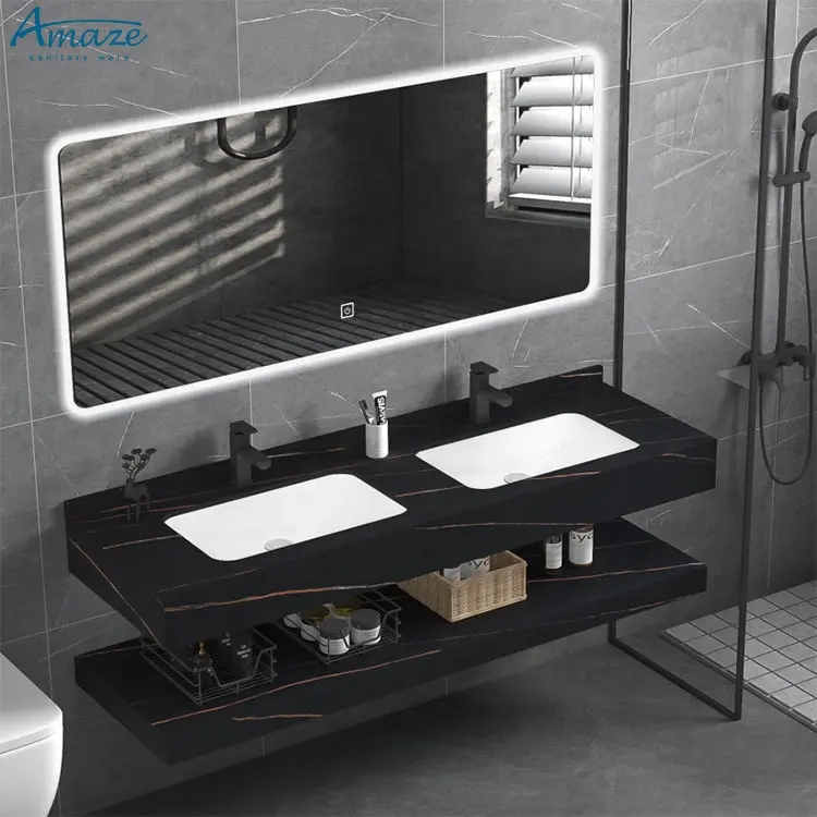 CBMmart Black marble Cabinet 36 Inch Bath sintered stone Vanity Set With counter top Suspended double Sink