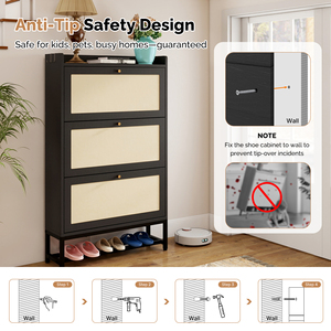 Meuble à chaussures modulaire en bois noir moderne, gain de place, avec portes à panneaux en maille, étagères réglables à deux positions, amovibles, salle à manger - Product Image 3