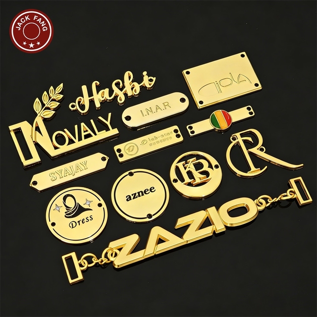 Custom Metal Garment Labels Gold 3D Embossed Logo Tags For Clothing Shoes Hijab Abaya With Laser Cut Edge