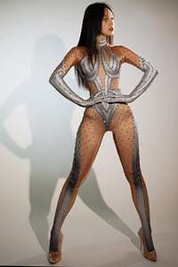 Mangas largas brillantes con guantes Leotardo Stripper Trajes Ropa de baile exótica Spandex Mamelucos Body de una pieza Mujeres Club Monos - Product Image 5