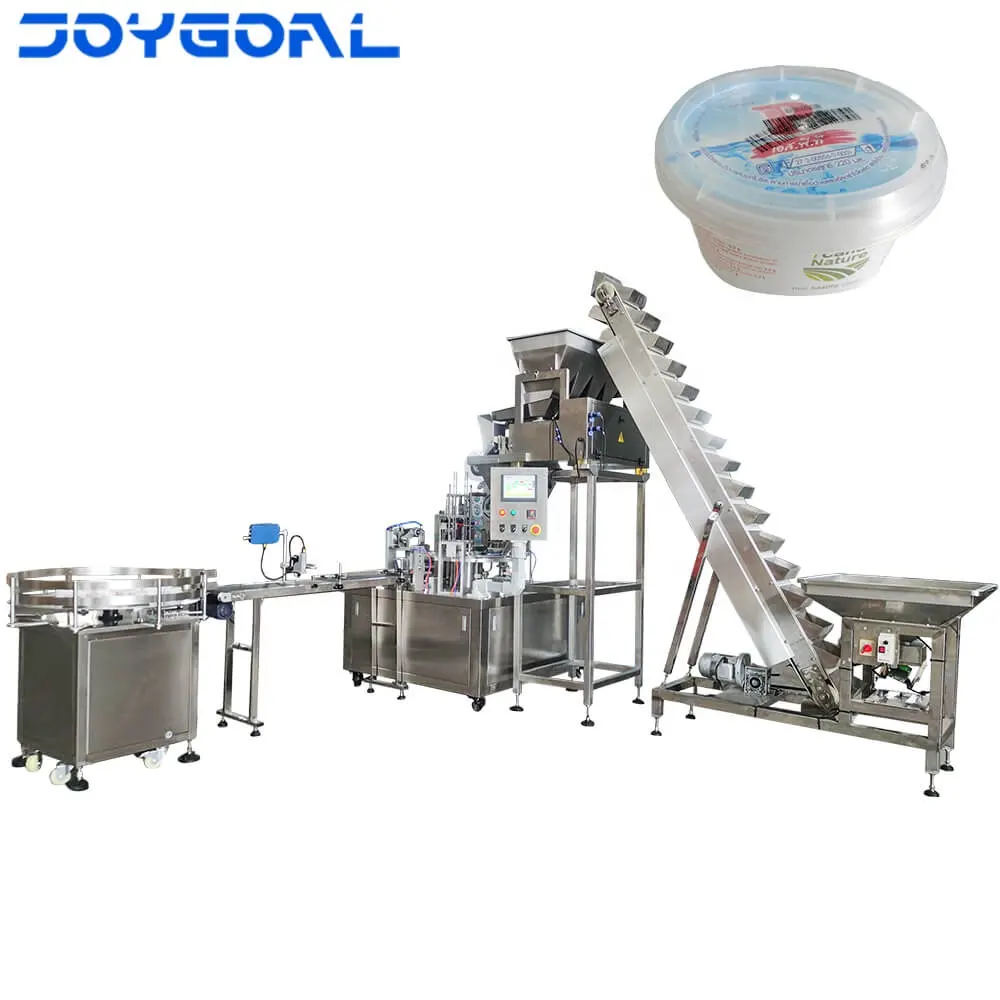 rotary type automatic plastic cup filling and sealing machine for granule salt with four-head scale and pressing lid function