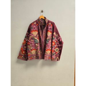 Chaqueta de Algodón Borgoña para Mujer con Cuello Mandarín, Bordado Floral a Mano, Manga Ancha, Corta, para Otoño - Product Image 5