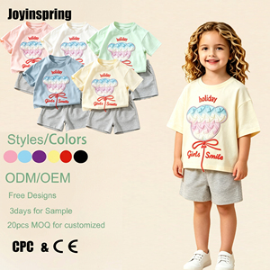 Conjunto de Verano para Niños, Camiseta de Cuello Redondo y Manga Corta con Pantalones Cortos Gris Claro con Cordón, Estampado Gráfico de Globos de Dibujos Animados - Product Image 1