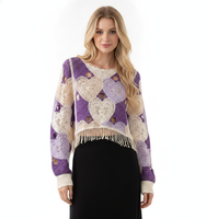 Pull tricoté personnalisé pour femme à col rond, motif cœur ajouré au crochet, color block et ourlet à pompons, faible MOQ