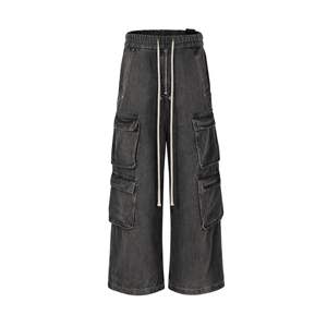 Mode <span class=keywords><strong>gris</strong></span> foncé haute rue rétro <span class=keywords><strong>Cargo</strong></span> Jeans taille élastique Baggy poche large jambe Jeans de haute qualité personnalisé hommes Designer Jeans - Product Image 1