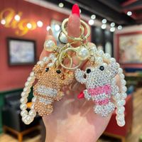 Porte-clés Homard Scintillant Adorable en Strass, Breloque de Sac 3D en Cristal Diamant Animal Marin avec Sangle Perle, Vente en Gros