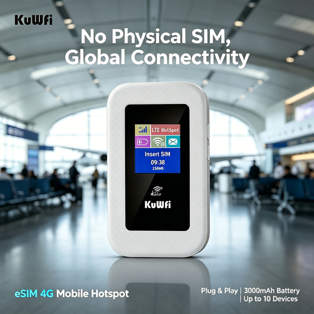 KuWFi ESIM 4G Mobile Hotspot Dual Band Router Global Connectivity 10 Device 3000mAh Mini 4G Router With Esim&SIM Card Slot