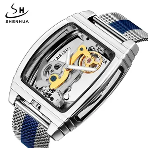SHENHUA Reloj นาฬิกากลไกอัตโนมัติ28ของผู้ชาย,นาฬิกาหนังไขลานเองโครงกระดูกแนวสตรีมพังก์ใหม่ปี2021