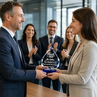 Trophée en acrylique personnalisé en forme de goutte de diamant, gravé sur mesure avec base bleue pour récompense d'employé