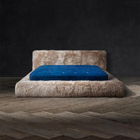Lit double en bois écologique de luxe léger français, confortable, pour chambre principale, en tissu de laine d'agneau, moderne, simple et doux