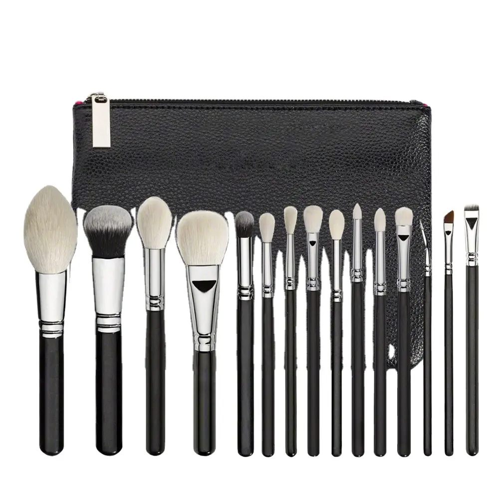 15pcs Black Synthetic Hair Makeup Brushes Powder Foundation Blusher Eye Shadow Contour Make Up Brush Set Cosmetic Pouch Case