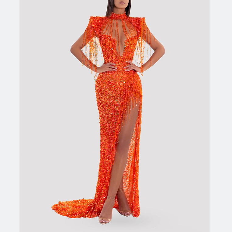 Ocstrade Luxury Beaded Tassel Orange High Slit Maxi Dress Ocstrade Luxury Beaded Tassel Orange High Slit Maxi Dress