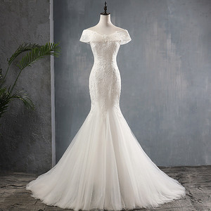 Vestido de casamento com cauda de peixe, vestido de casamento com decote em v, com renda, de luxo, bordado, vestido de sereia 2019