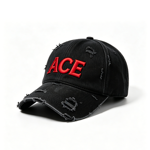 หมวกแก๊ปทรงแด๊ดวินเทจผ้าฝ้ายฟอกแบบดิสเทรส ปักโลโก้ ACE แบบ 3 มิติ  ตกแต่งรอยขาด  หมวกเบสบอลสไตล์สตรีทแวร์  แบบยูนิเซ็กซ์  ทรงซอฟท์ท็อป - Product Image 6