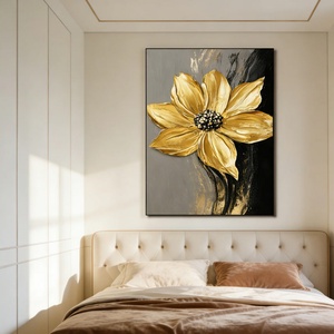 Peinture noire Golden Bloom, toile minimaliste faite à la main, œuvre d'art pour hôtel, décoration murale texturée pour la maison, décoration commerciale - Product Image 4