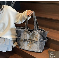 Sac fourre-tout décontracté et polyvalent en jean dégradé, nouveau style, avec fermeture éclair et pompon, grande capacité