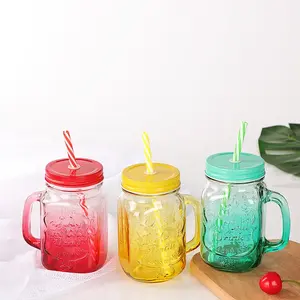 Colorido cuadrado 16oz 500ML Glass Mason Jar con mango Venta al por mayor 480ML Straw Juice Mason Jar