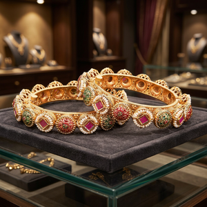 Latest Online Handmade Antique Meenakari <b>Bangles</b> 2 Pc Set Women's Crystal & Rhinestone Matte Gold Plated Nickel & Lead Free - Product Image 3
