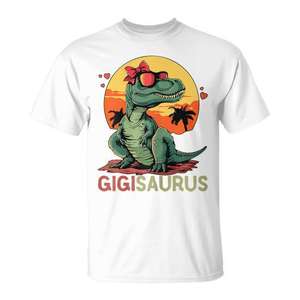 T-shirt Gigisaurus Dino avec lunettes de soleil et nœud papillon, motif coucher de soleil tropical pour femmes et hommes - Product Image 1