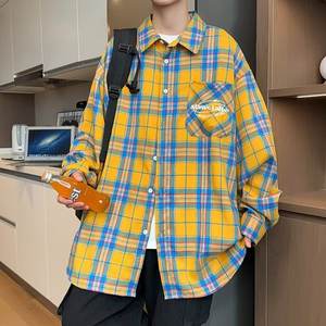 休闲别致男士黄色和蓝色方格衬衫口袋细节夏季男士休闲衬衫衬衫 - Product Image 2