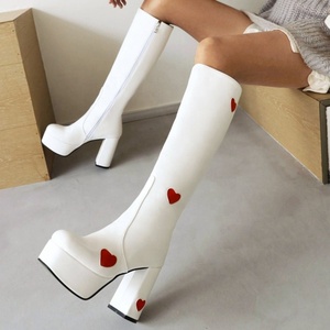 Bottes fantaisie pour filles, forme cœur, bottes d'hiver hautes jusqu'au genou, plateforme, bout carré, talon épais, fermeture éclair latérale, grande taille 43 - Product Image 2