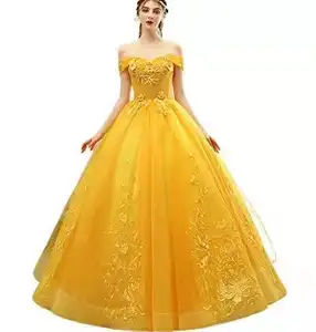 Новый дизайн, Золотое бальное платье с открытыми плечами, свадебные платья, роскошное банкетное вечернее платье на шнуровке с цветочной вышивкой