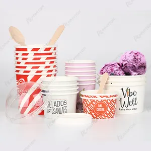 Cuenco Biodegradable de grado alimenticio para helado, tazas de helado de yogurt con tapas de cúpula, 16oz, 32oz