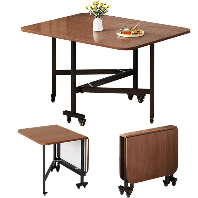 Kitchen Living Room Small Space Saving Folding Extendable Rectangular Metal Legs Wooden Dining Room Table with Wheels