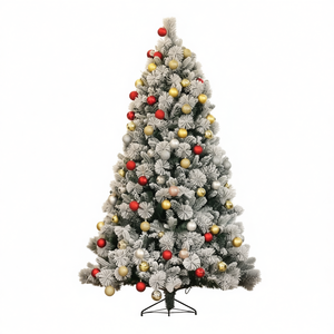 Albero di Natale Artificiale Opaco 6,5 Piedi con Ornamenti Rossi e Dorati, Decorazione da Interno con Base, Materiale Plastico - Product Image 1