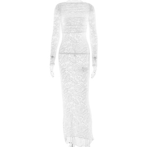 Vestido largo de encaje sin espalda con mangas largas y translúcido para la noche - Product Image 5