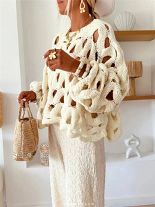 <span class=keywords><strong>Pull</strong></span> en maille à manches longues en dentelle <span class=keywords><strong>crochet</strong></span>ée décontracté de couleur unie pour femmes, idéal pour les vacances à la plage - Product Image 4