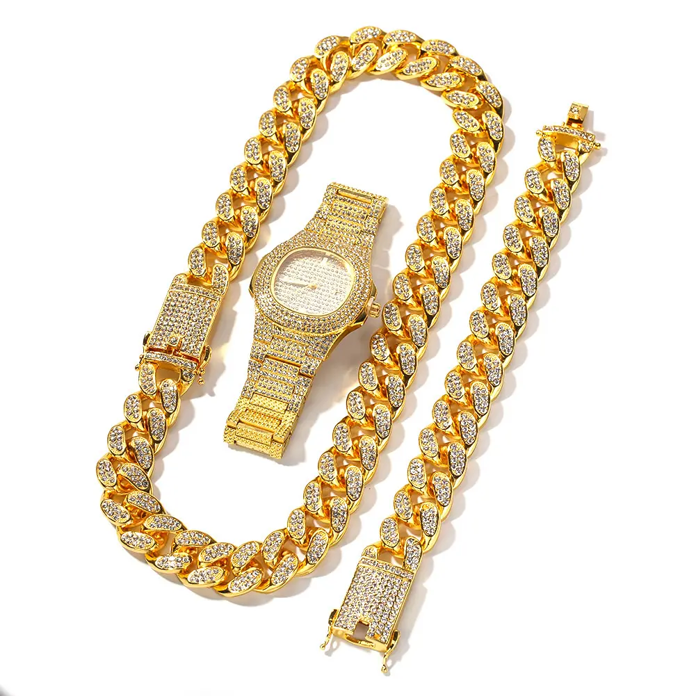 Hot-Selling Full Diamond Watch Gold Plated Necklace Bracelet Hip Hop Cuban Chain 20mm Jewelry Set