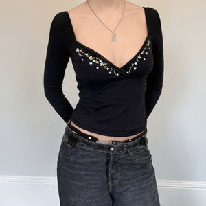 Vintage <b>square</b>-<b>neck</b> slim-fitting floral embroidery <b>long</b>-<b>sleeved</b> <b>top</b> hot girl sexy low-cut versatile T-shirt - Product Image 3