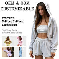 Ensemble de survêtement à capuche personnalisé en 3 pièces, style streetwear, veste zippée, haut court, shorts, ensemble décontracté pour femmes