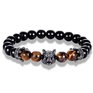 Heren Mode Sieraden 4 Kleuren Cz Wolf Hoofd Accessoires Matte Agaat Zwarte Agaat Kralen Natuurlijke Tijger Oog Steen Armband Staal