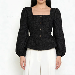 Women's Jacquard Square Neck Puff Sleeve Peplum Blouse - Button-Front Casual <b>Top</b> Shirt Fashion - Product Image 2