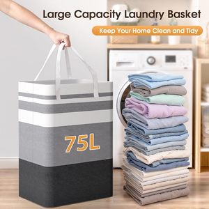 2 Pack Large Collapsible Laundry <b>Baskets</b> 75L Grey <b>Rectangular</b> Waterproof Freestanding Clothes Organizer - Product Image 5