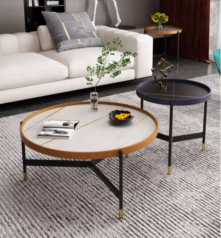 Moderne Chinese Marmeren Metalen Ronde Salontafel Europese Stenen Tafel Luxe Nest Side Sofa Tafels Voor Woonkamer