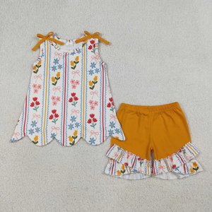 Conjunto de verano para niñas con flores rosas y amarillas y pantalones cortos a juego - Product Image 1