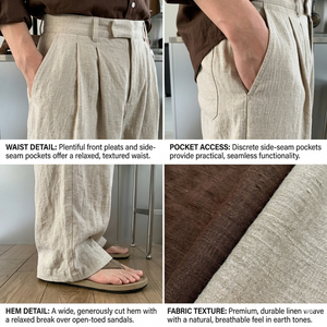 Hot Supplier Custom Men Linen <b>Trousers</b> Summer Breathable <b>Light</b> Loose Casual Pants Vintage Solid Color Linen <b>Trousers</b> TKAN858 - Product Image 4
