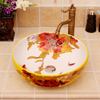 Gran oferta, lavabo sanitario creativo para el hogar, lavabo redondo de cerámica, amarillo, blanco, flor de peonía, encimera, lavabo de porcelana